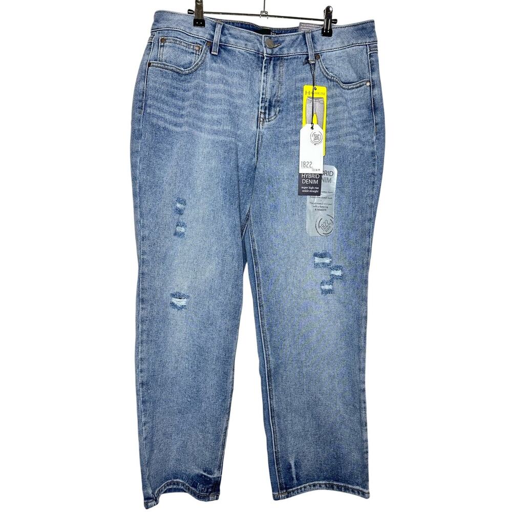 1822 Super High Rise Ankle Straight Distressed Blue Denim Jeans Size 16 NWT